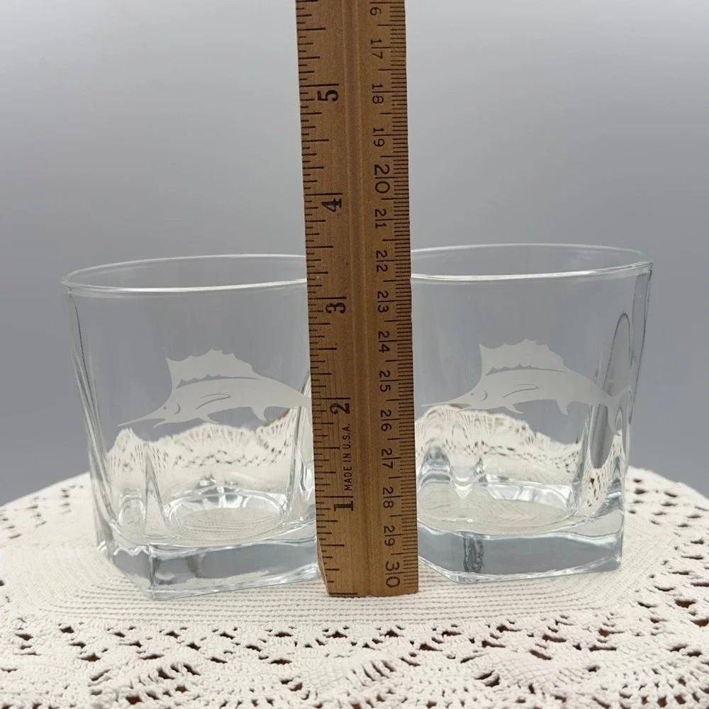 Set of 2 glasses Etched Swordfish Ocean Nautical Coastal